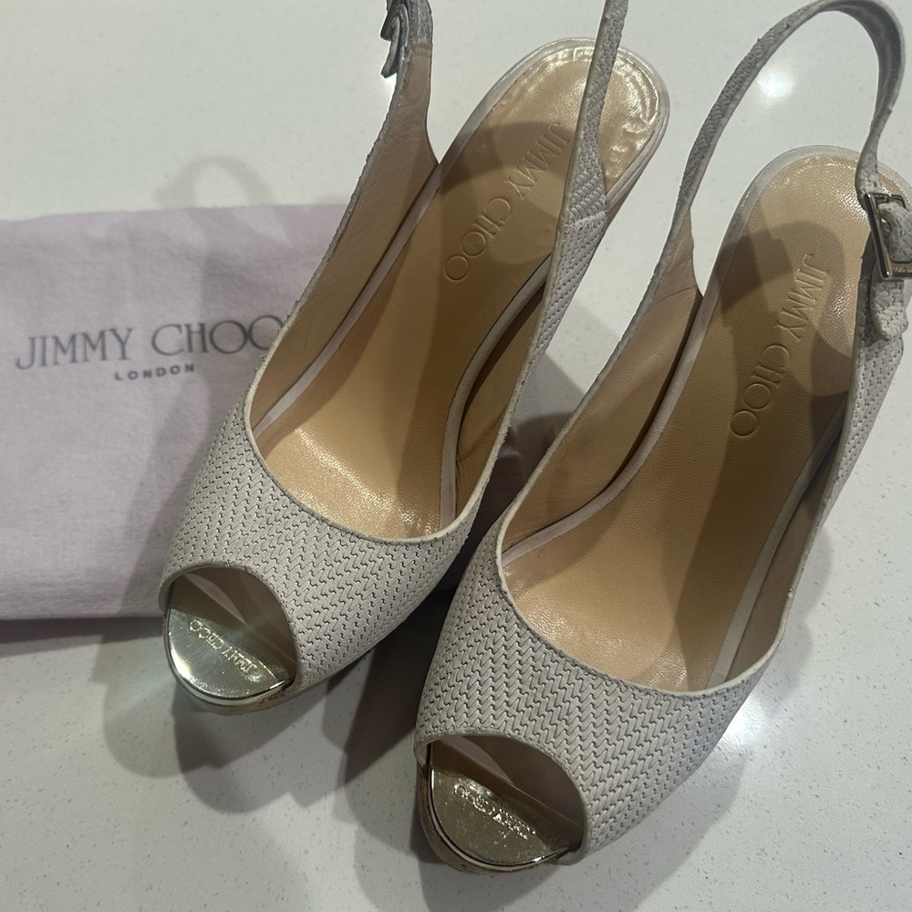 Jimmy Choo Beige Peep Toe Slingback Heels